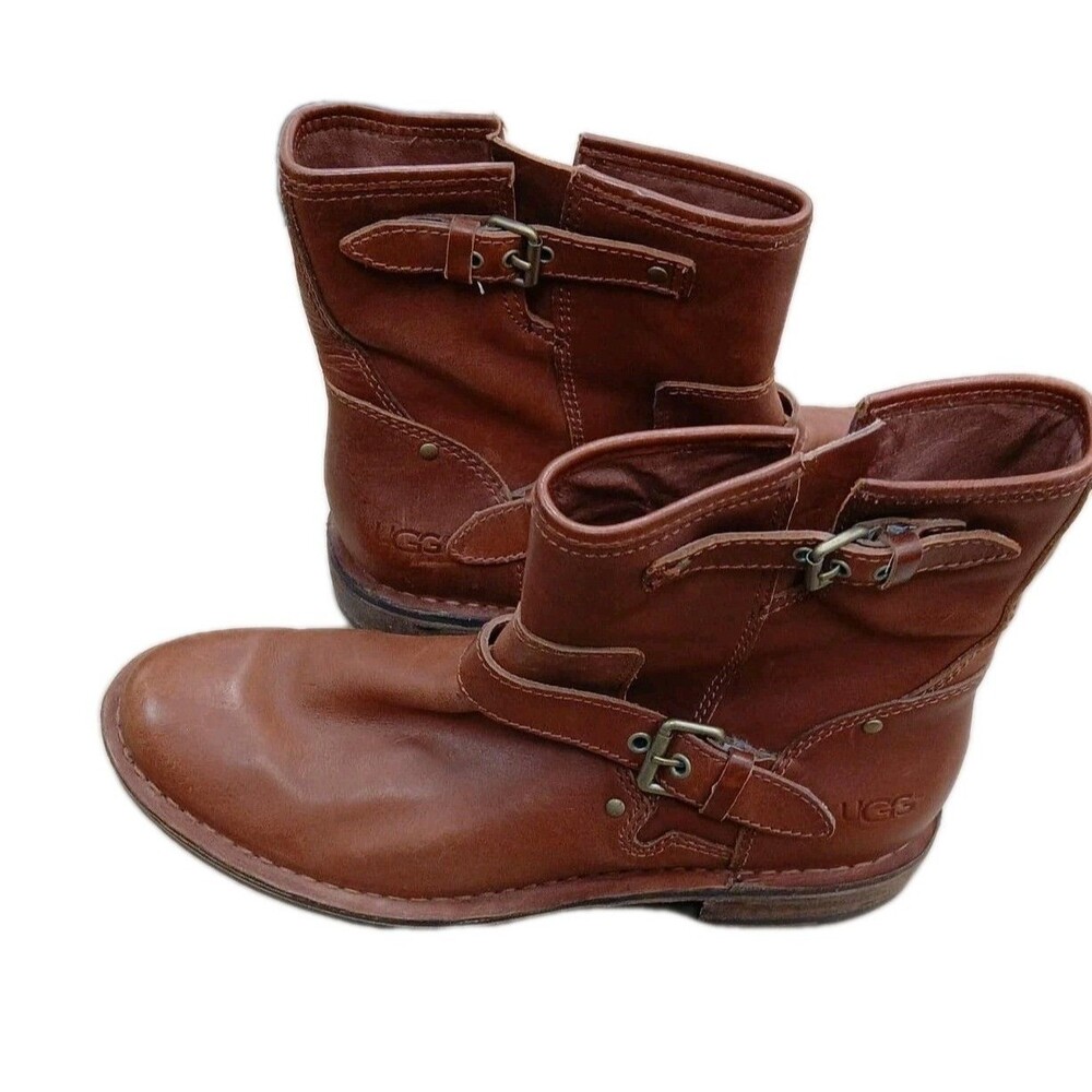 UGG Women's Fabrizia Brown Leather Moto Shearling Boots Buckles 1001661 Size 9